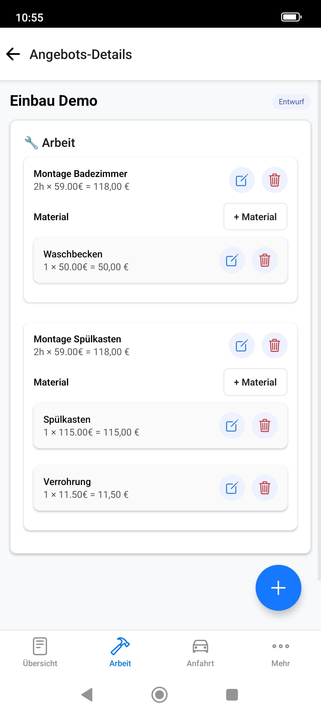 Angebots-Details mit Arbeits- und Materialpositionen